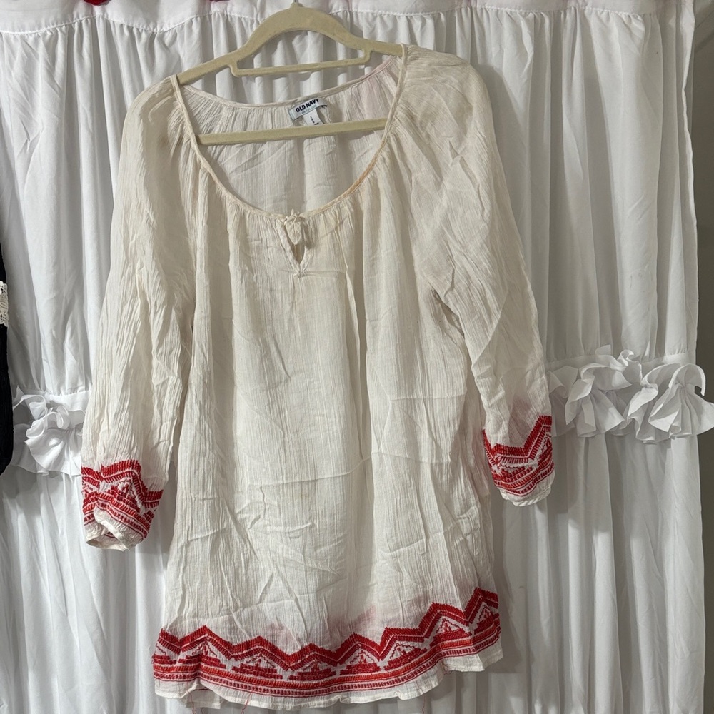 Old Navy Cream and Red Embroidered Blouse